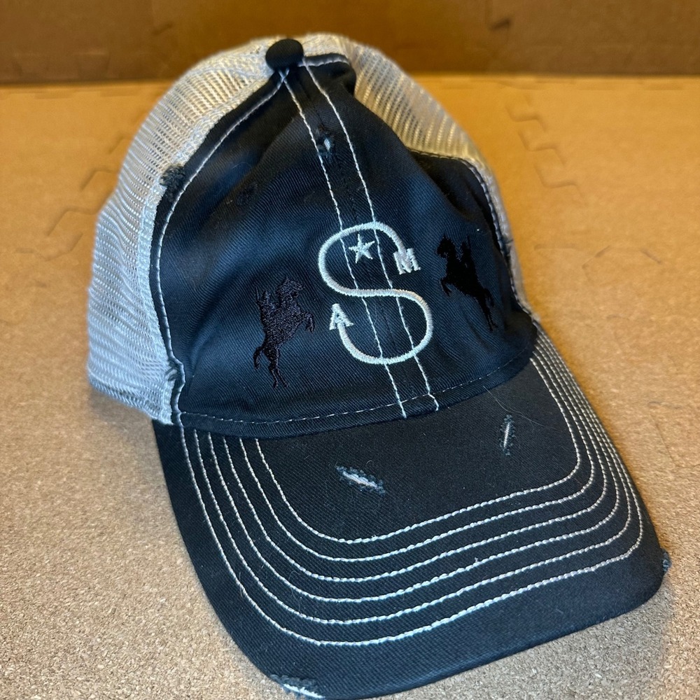 Sportsman Trucker Hat Mens OSFA Black White Western Distressed Horse Logo Cap